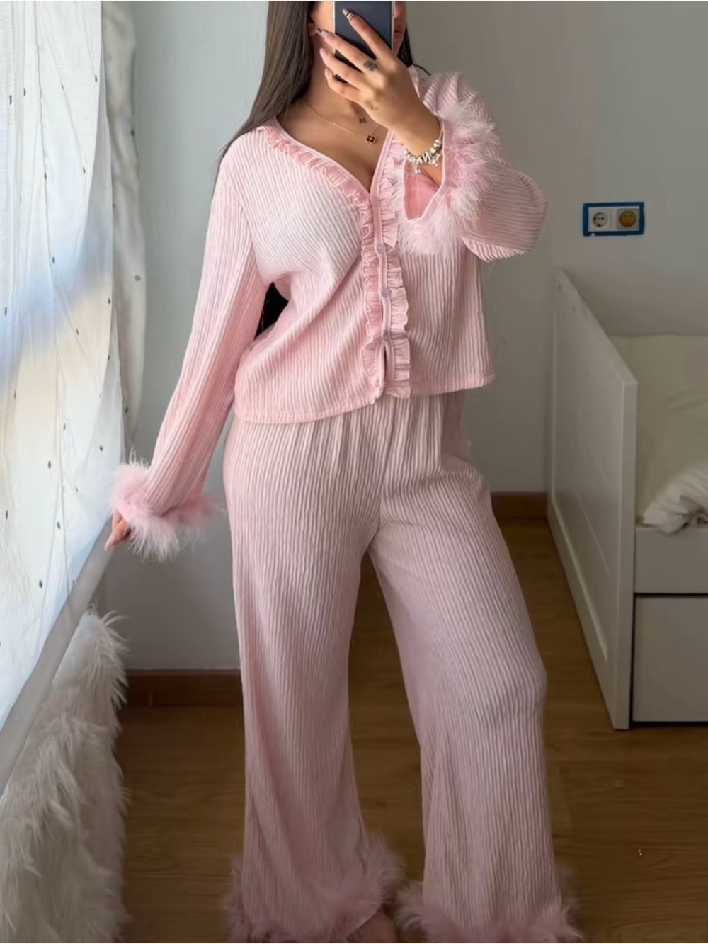 Feather-Trim Ribbed Pink Pajama Set - Women Intimates & Sleepwear